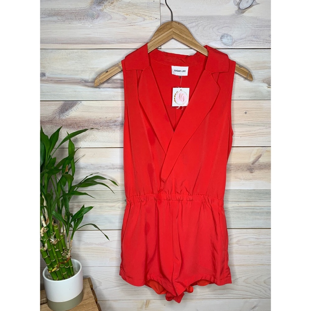 Bright Red Romper with Pockets Collar and V Neck Detaling